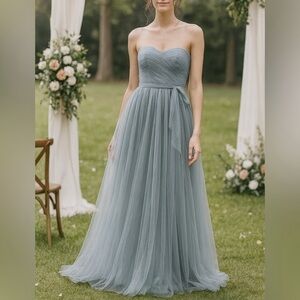 Adrianna Papell Strapless Tulle Convertible Gown in Slate Blue